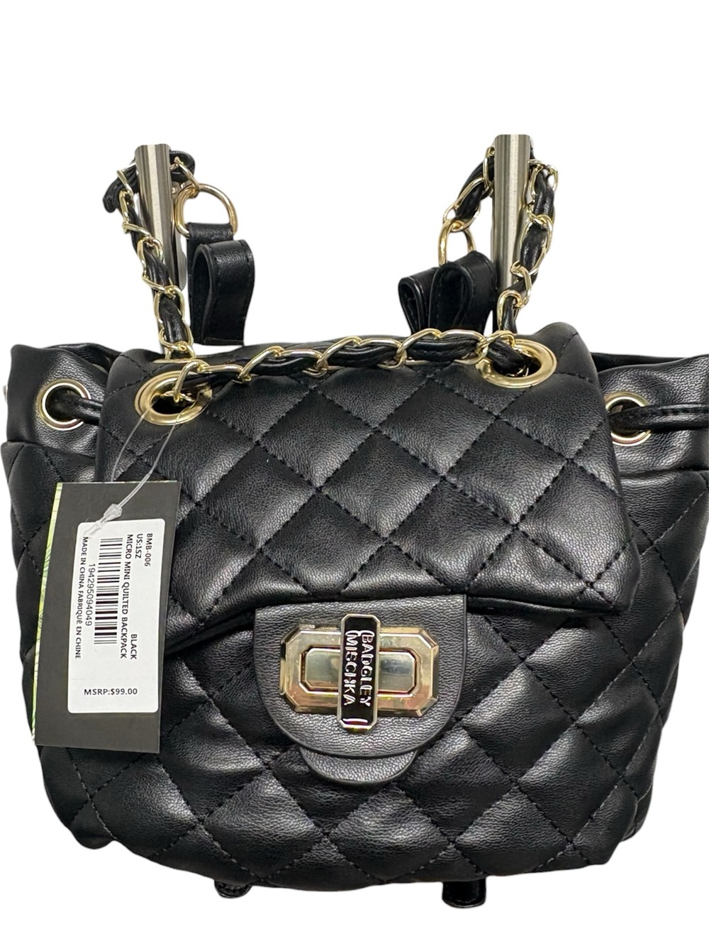 Badgley Mischka Black Quilted Micro Mini Backpack Purse Adjustable Straps - Picture 3 of 9